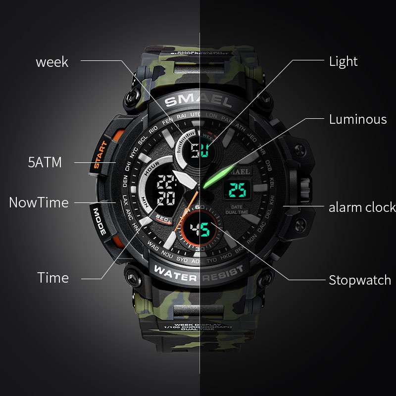 Đồng hồ đeo tay thể thao mặt tròn chống nước có màn hình LED kỹ thuật số dành cho nam