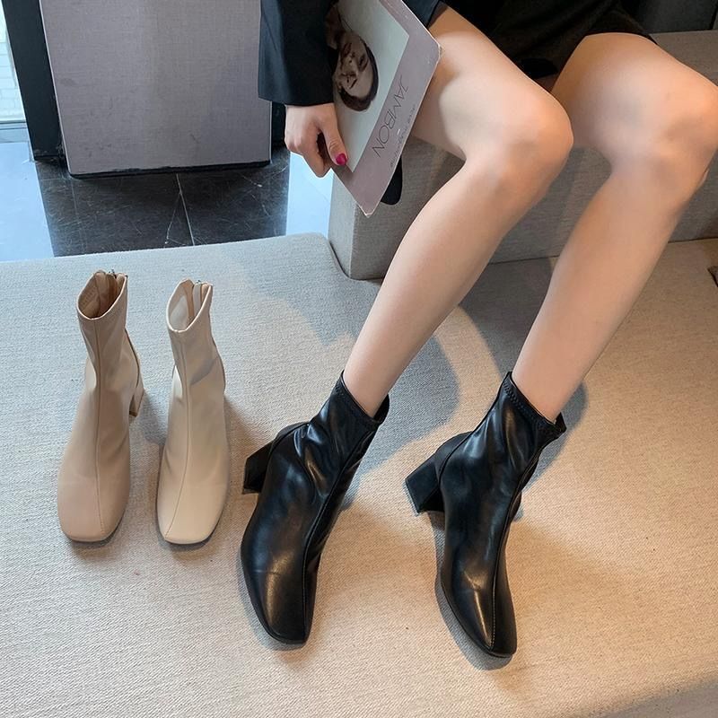 Martin Boots British Style Single-Layer Boots Square Toe Chunky Heel Thin High Heels Ankle Boots