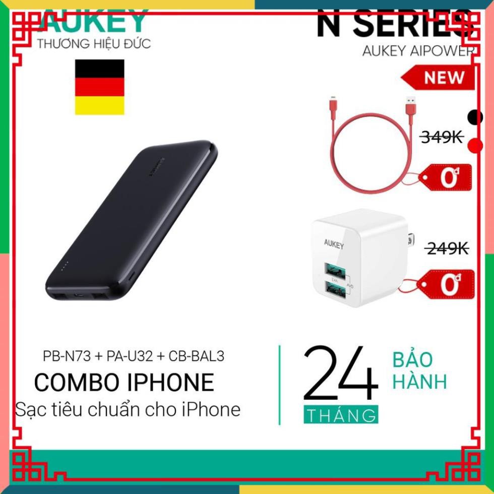 Combo Sạc iPhone AUKEY Sạc 10.000 mAh PB-N73,Cốc 12W PA-U32,Cáp Sạc Lighting MFi CB-BAL3