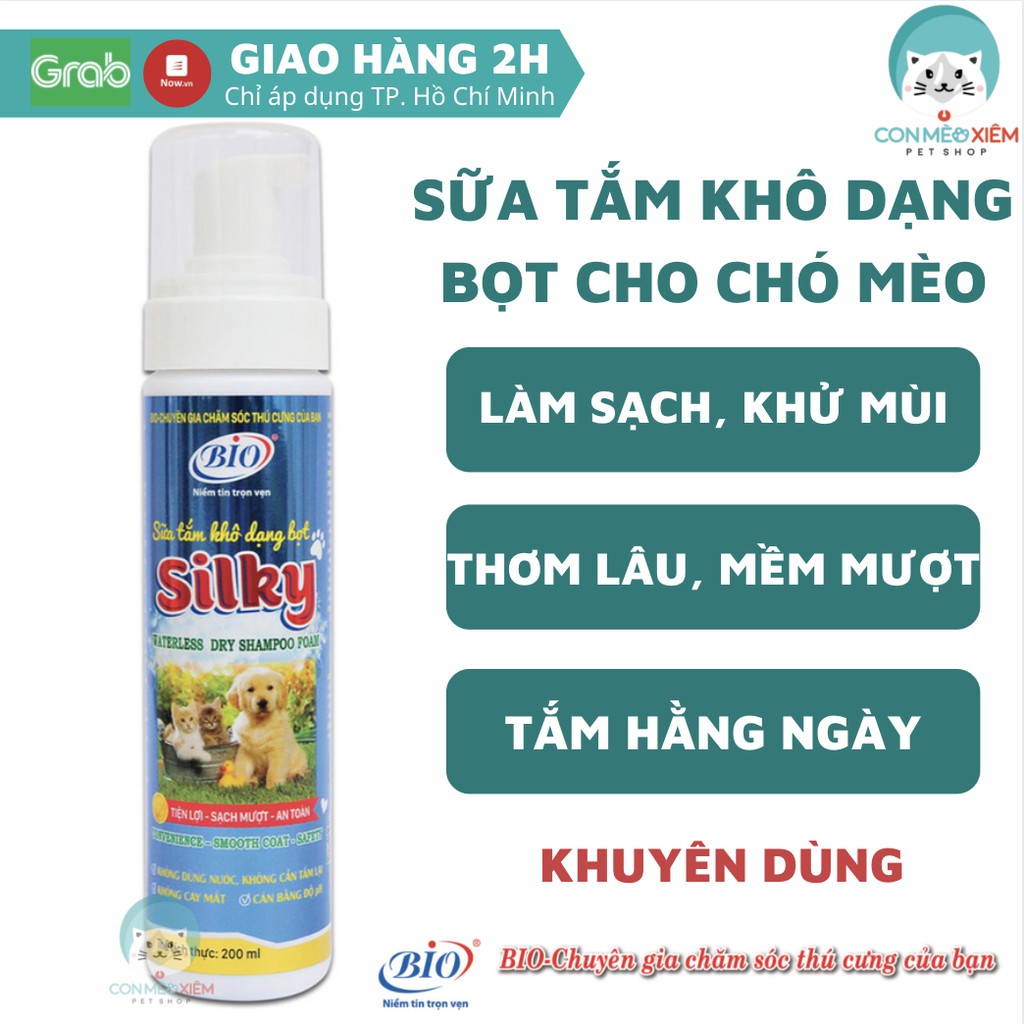 Sữa tắm khô chó mèo Bio silky 200ml, xà phòng bọt tắm không dùng nước du lịch cho cún mèo Con Mèo Xiêm