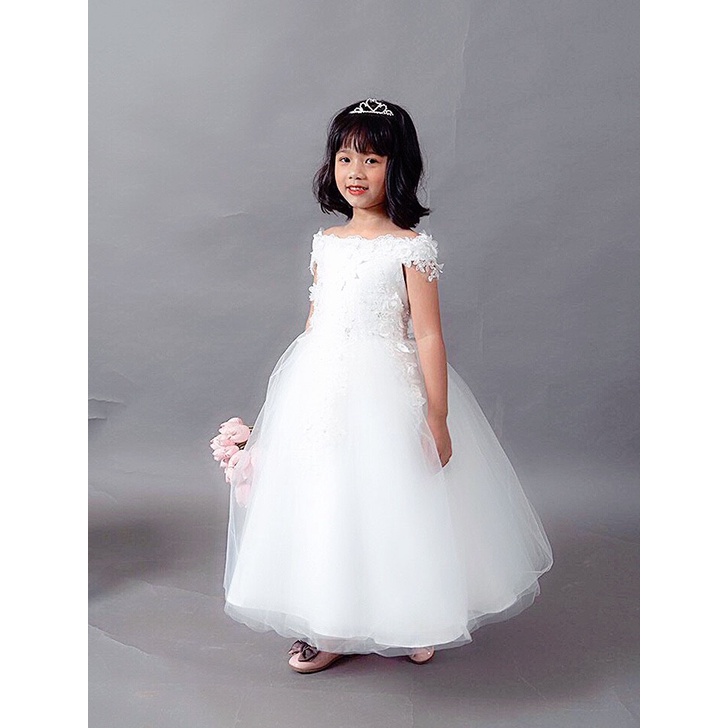 Váy công chúa bé gái thiết kế cao cấp cho bé đi dự tiệc phù dâu tùng dài siêu xòe sát nách màu trắng DBG093
