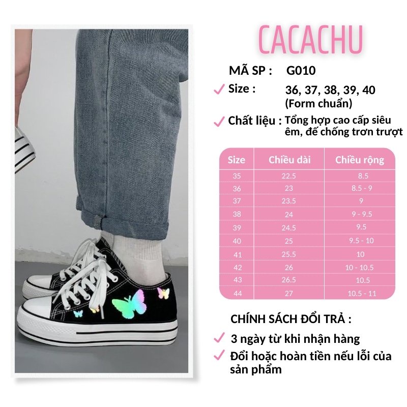 Giày thể thao nữ sneaker Cv đẹp độn đế in hình butterfly phản quang hot trend 2021 CACACHU G010, đế cao 5cm thời trang