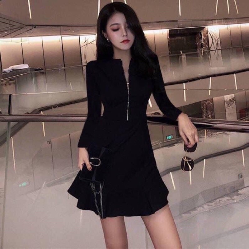 Đầm nữ đen xoè có khoá cổ, 2 phiên bản tay ngắn tay dài kiểu Pháp cổ điển