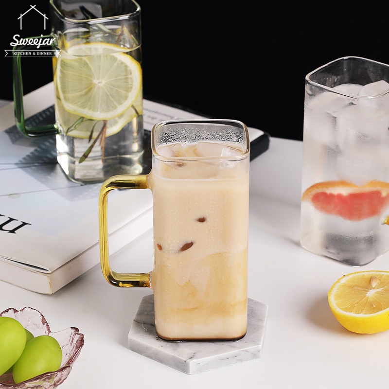 Cốc SWEEJAR thủy tinh borosilicate cao cấp thiết kế miệng vuông với tay cầm màu dung tích 370ml