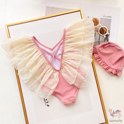 Bộ Đồ Bơi Một Mảnh Hở Lưng Phối Lưới Phong Cách Hàn Quốc Ngọt Ngào Cho Bé Gái