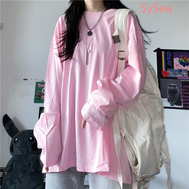 Áo Thun Tay Dài Dáng Rộng 100% Cotton Thời Trang Mùa Thu Cho Nữ