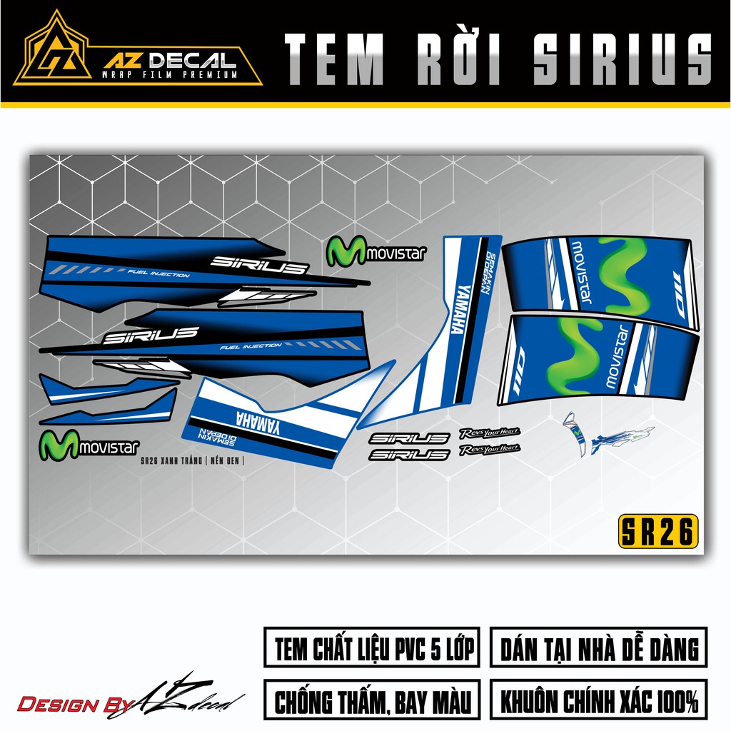 Tem Chế Xe Sirius RC Mẫu Movistar | SR26 | Decal Rời Chống Nước - Áp Dụng Màu Xe Đen Trắng Đỏ Xanh Xám