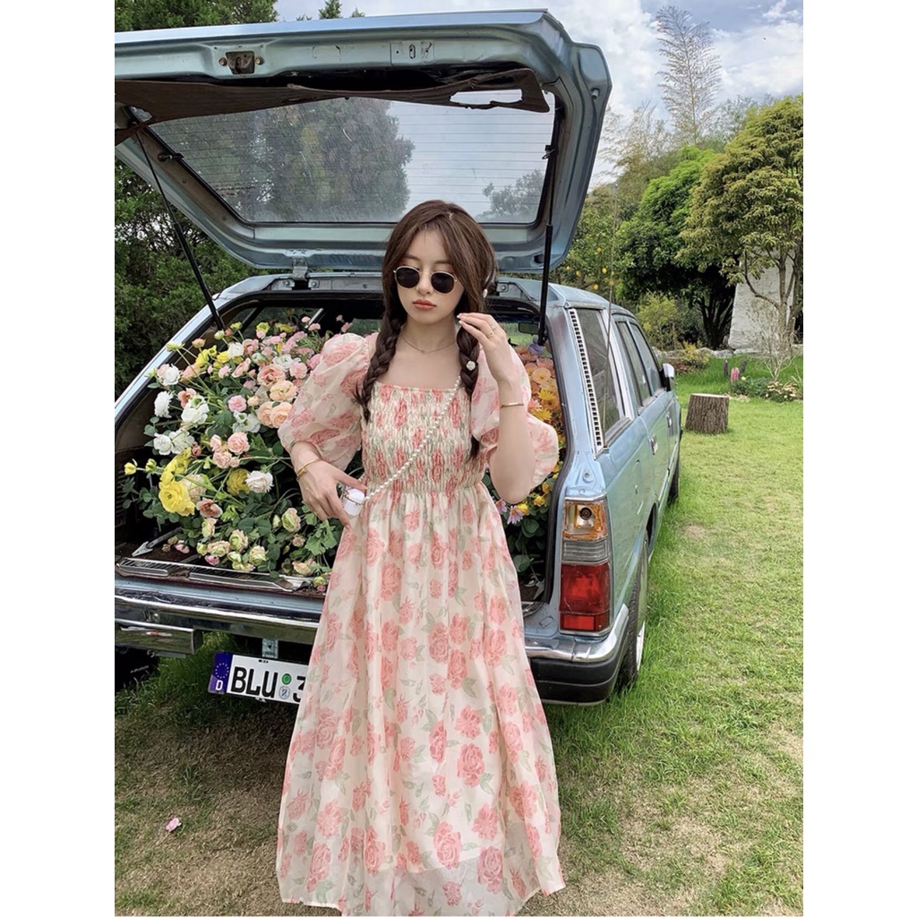 Đầm - Váy hoa hồng voan lụa 2 lớp chun ngực tay bồng ulzzang