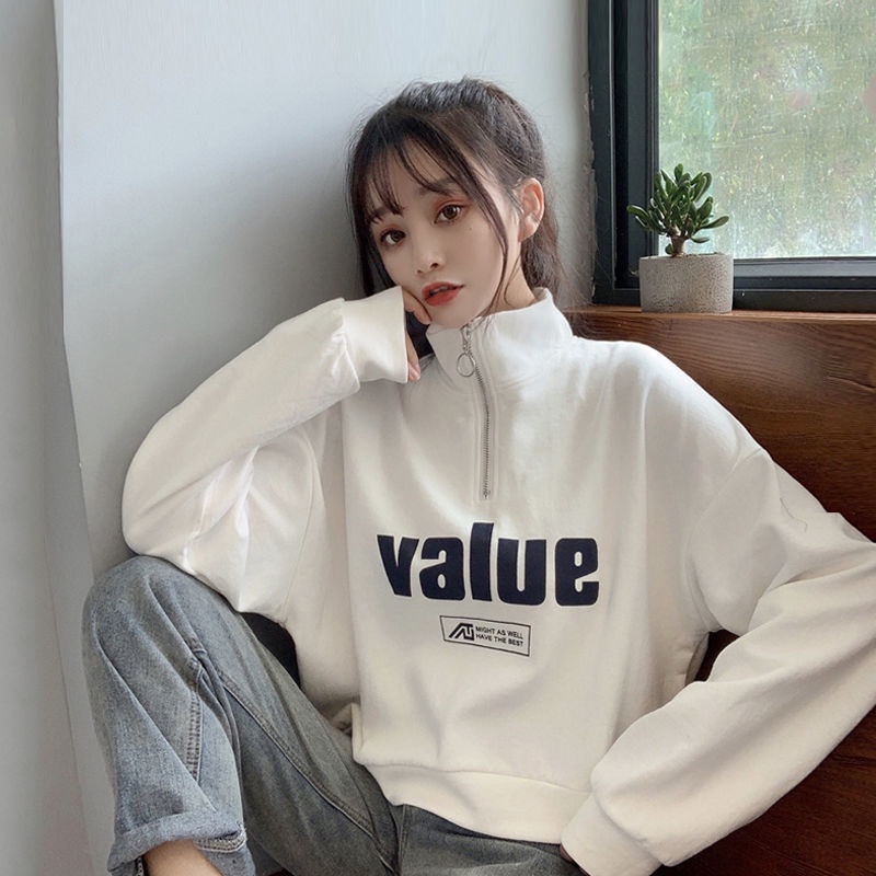 Áo sweater mỏng tay dài cổ lọ có khóa kéo in chữ phong cách Hàn Quốc thời trang mùa thu cho nữ