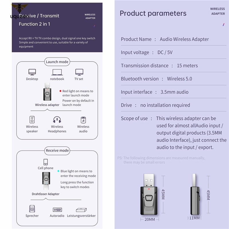 Bộ Thu Phát Bluetooth 5.0 Mini Cổng 3.5mm Uq T7 Cho Pc Tv | BigBuy360 - bigbuy360.vn