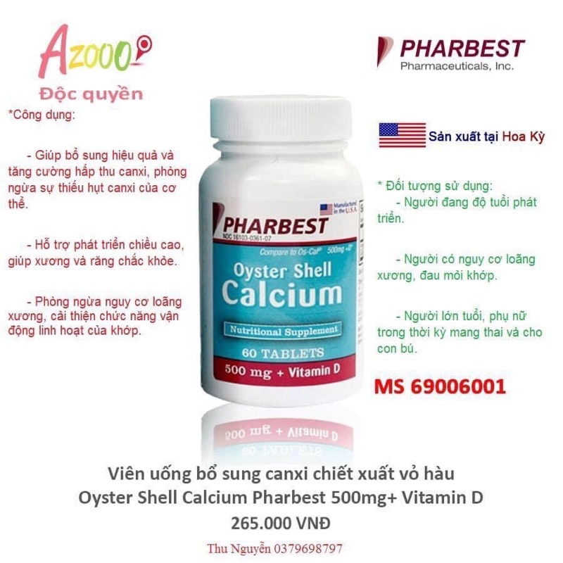 Viên uống bổ sung canxi chiết xuất vỏ hàu Oyster Shell Calcium Pharbest 500mg+ Vitamin D