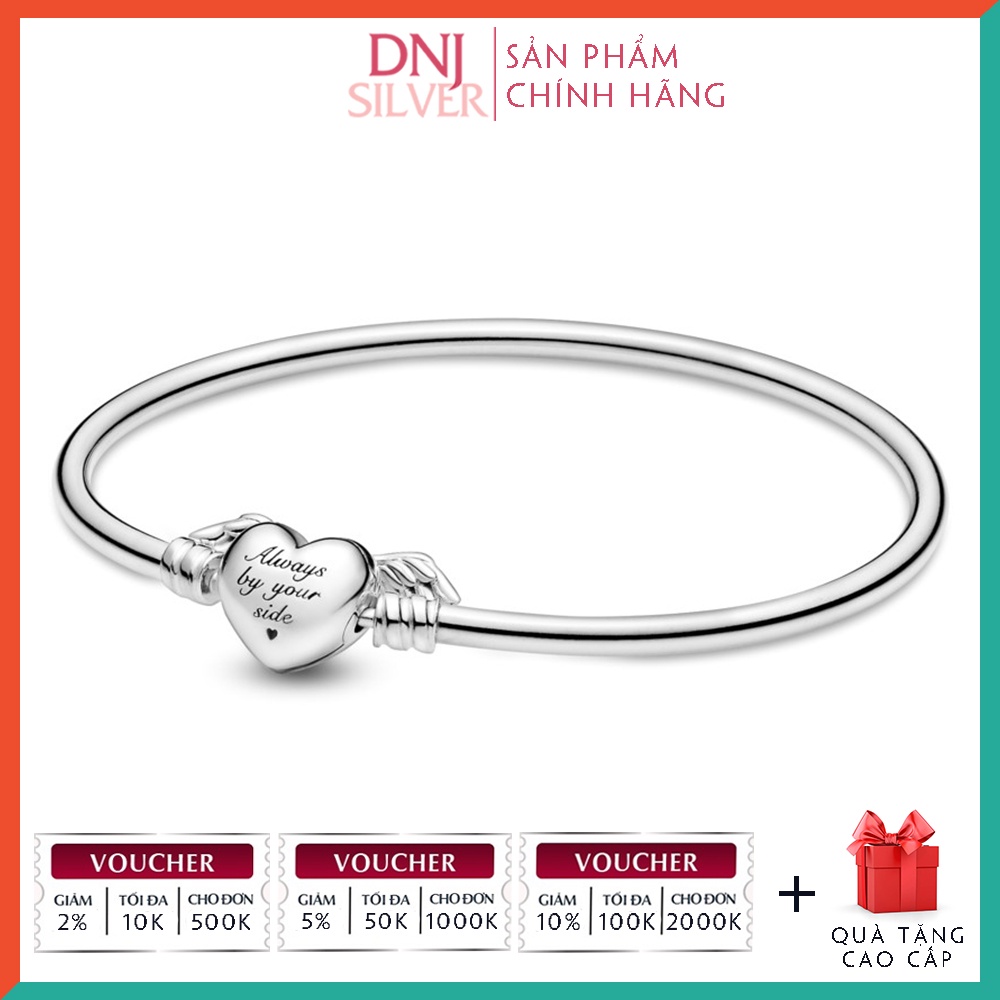 Vòng tay bạc 925 cao cấp - Mẫu vòng Winged Heart Bangle, chốt tim cánh, có thể mix thêm hạt charm vào vòng theo ý thích