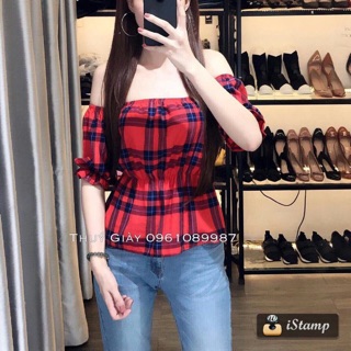 Áo trễ vai caro nhún eo nhún tay siêu cute💕 (2 màu đỏ -đen )kèm ảnh thật sh chụp