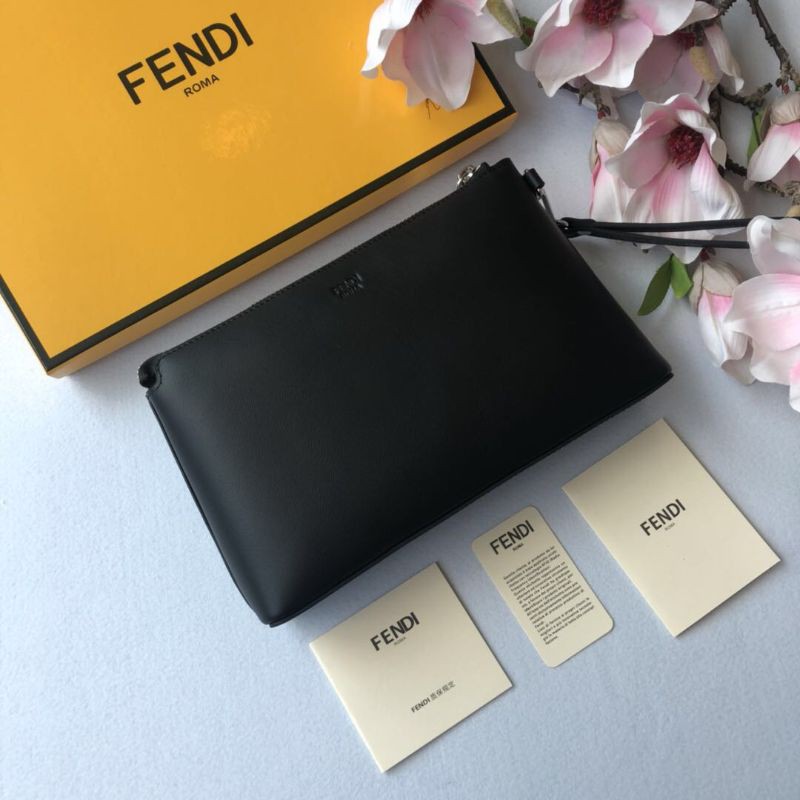 clutch cầm tay nam nữ da thật dáng dài kéo khóa có quai cầm tay họa tiết hình đôi mắt màu vàng Fendi FD