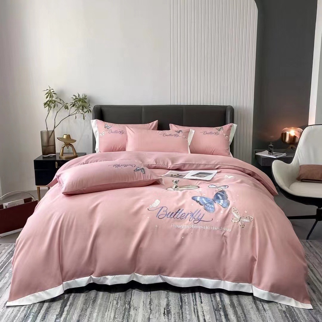 Bộ vỏ chăn ga gối Cotton linen thế hệ mới🦋 BUTTERFLY🦋   cotton mềm mịn mát - bướm hồng