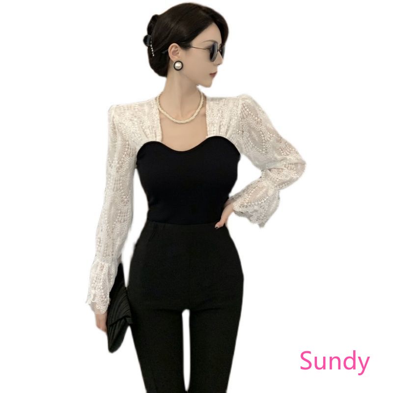 Đầm dệt kim tay dài phối ren thời trang thanh lịch cho nữ