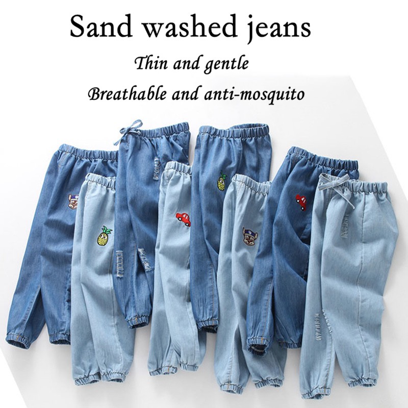 Quần jeans ống rộng chống muỗi phong cách Hàn Quốc cho bé trai và bé gái 90-130cm