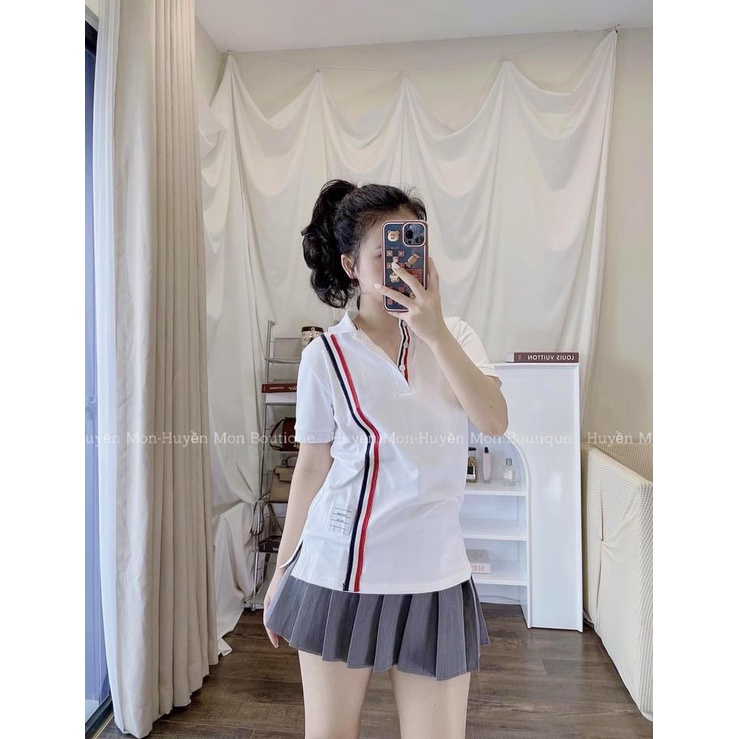 MT26- Áo thun có cổ+chân váy chữ A ngắn xếp ly, Set bộ thể thao- áo màu xanh, áo thể thao có cổ trắng sọc dọc đỏ đen