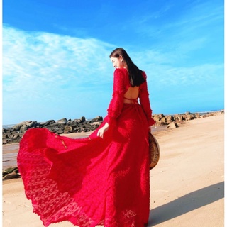 HOANGYEN - Đầm voan thêu lông đỏ tay dài khoét eo