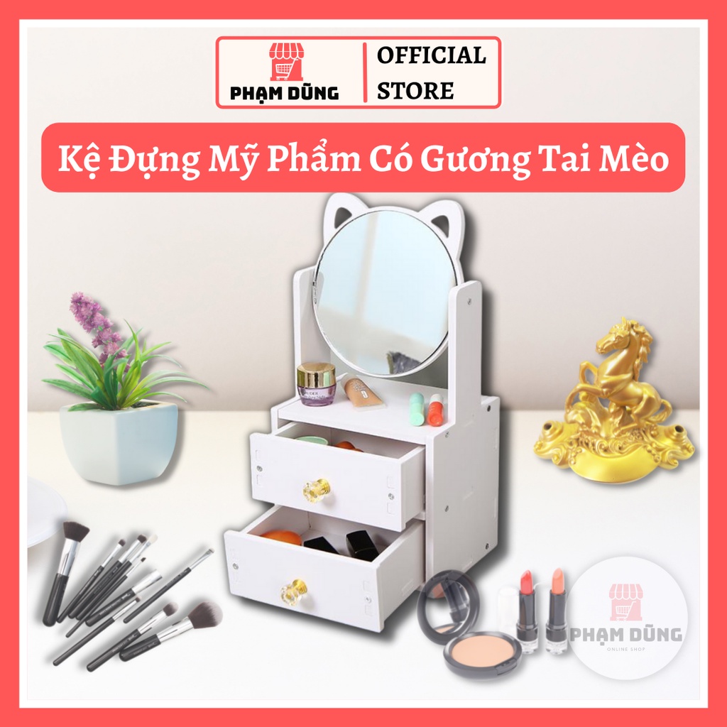 Kệ Mỹ Phẩm 2 Tầng Có Gương Tai Mèo , Kệ Trang Điểm Có Gương