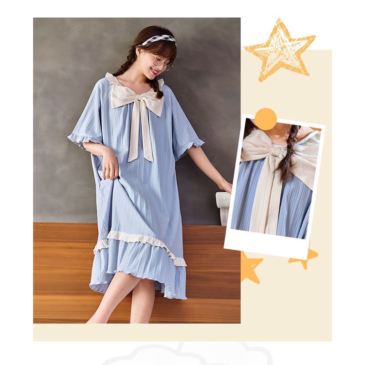 Đầm Ngủ 100% Cotton Tay Ngắn Cổ Tròn Thắt Nơ Phong Cách Công Chúa Dành Cho Nữ
