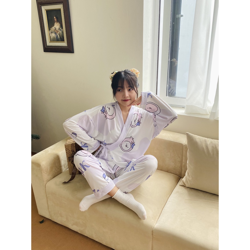 Bộ đồ dài tay lợn tím - Bộ ngủ kimono chất liệu cotton, thiết kế kiểu Nhật bản - Poohouse