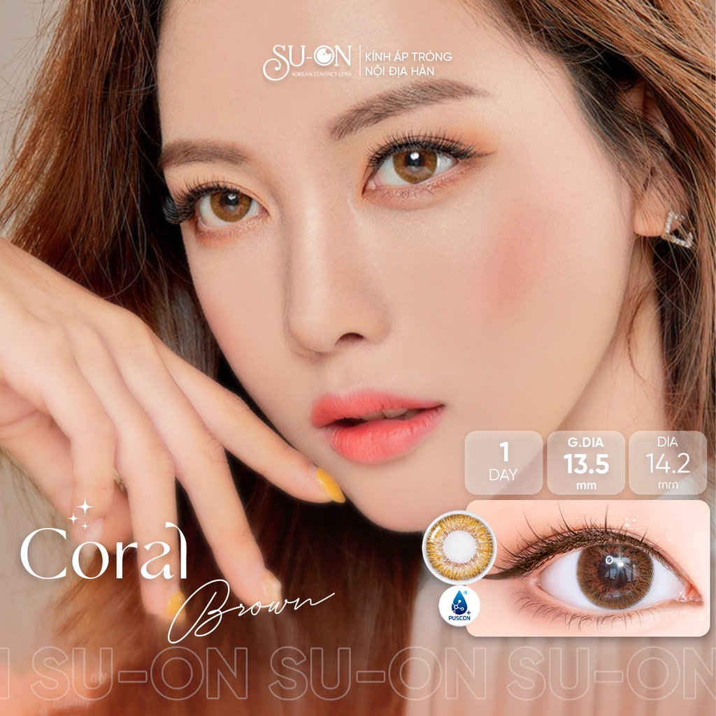 Lens 1 ngày Olens CORAL BROWN áp tròng 14,2mm, nâu tây long lanh Hàn Quốc, siêu êm đeo 24h