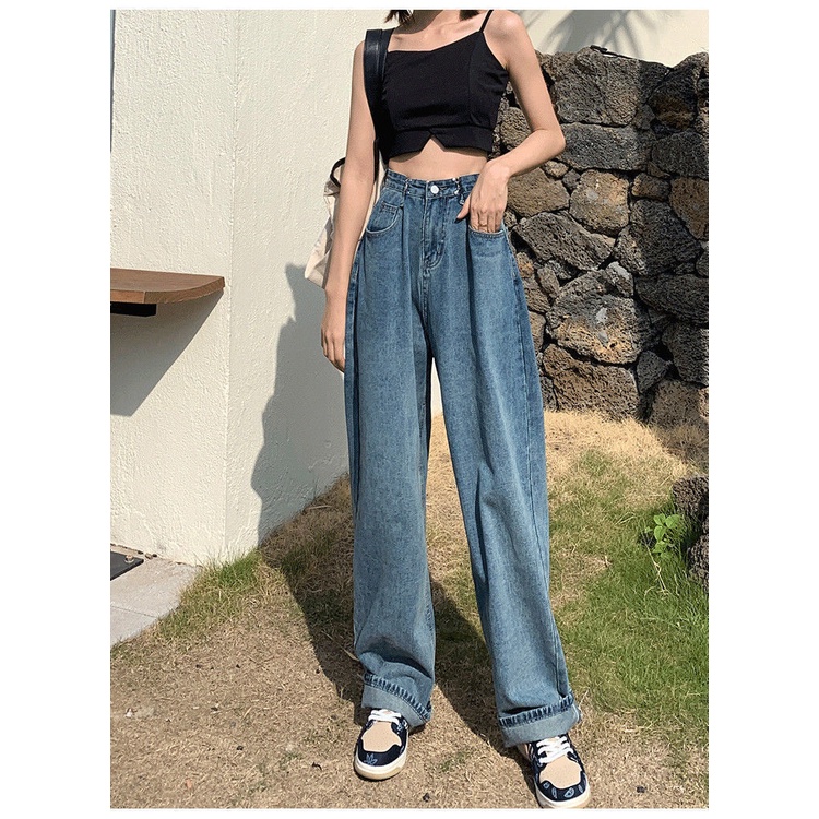 Quần Jean Ống Rộng Lưng Cao Màu Xanh Dương 2022 Thời Trang Xuân Thu Phong Cách Mới Cho Nữ