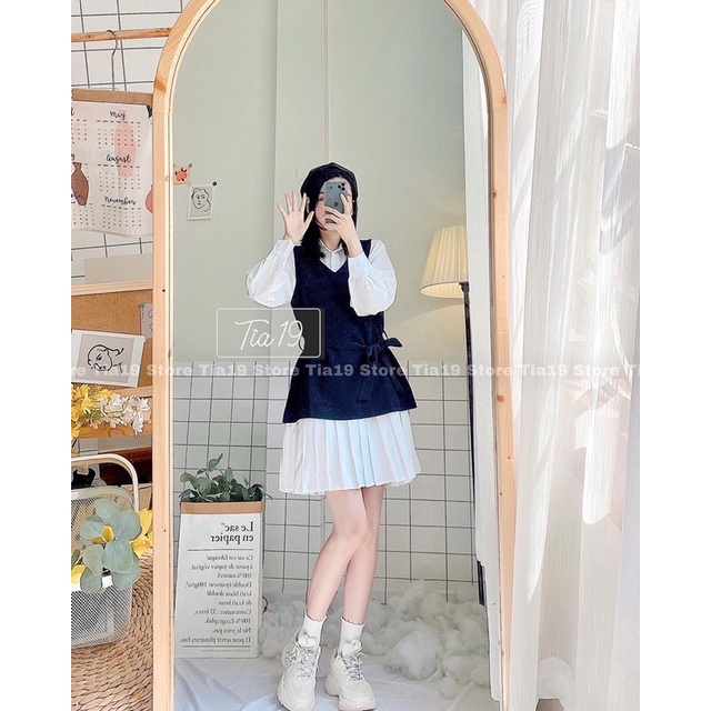 Set váy yếm xếp ly dài tay Tia19 . Đầm sơmi dáng xoè ulzzang