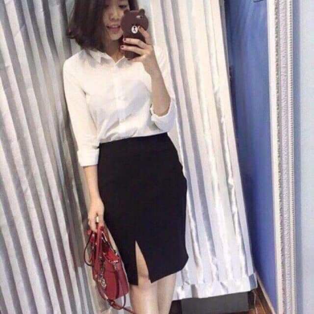 M57-Chân váy bút chì đen xẻ trước trên gối | BigBuy360 - bigbuy360.vn