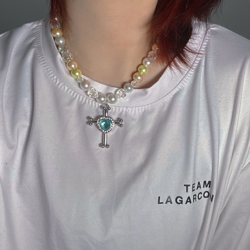 Dây chuyền 19924 chuỗi ngọc trai nhiều màu mặt thánh giá trái tim phong cách Hàn Quốc dễ phối đồ cổ điển