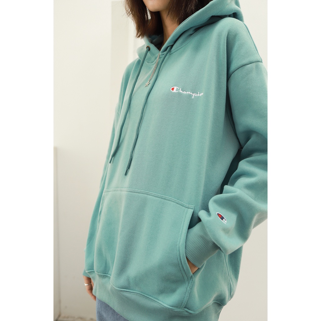 Áo Hoodie Thêu Logo Champion Sắc Nét Phía Trước Chất Vải Nỉ Bông Cotton Form Rộng Rãi Unisex Nam Nữ Màu Xanh Mint
