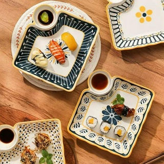 Đĩa vuông có ngăn chấm bắc âu scandinavia, đĩa đựng thức ăn có ngăn chấm sứ decor khay chấm sứ