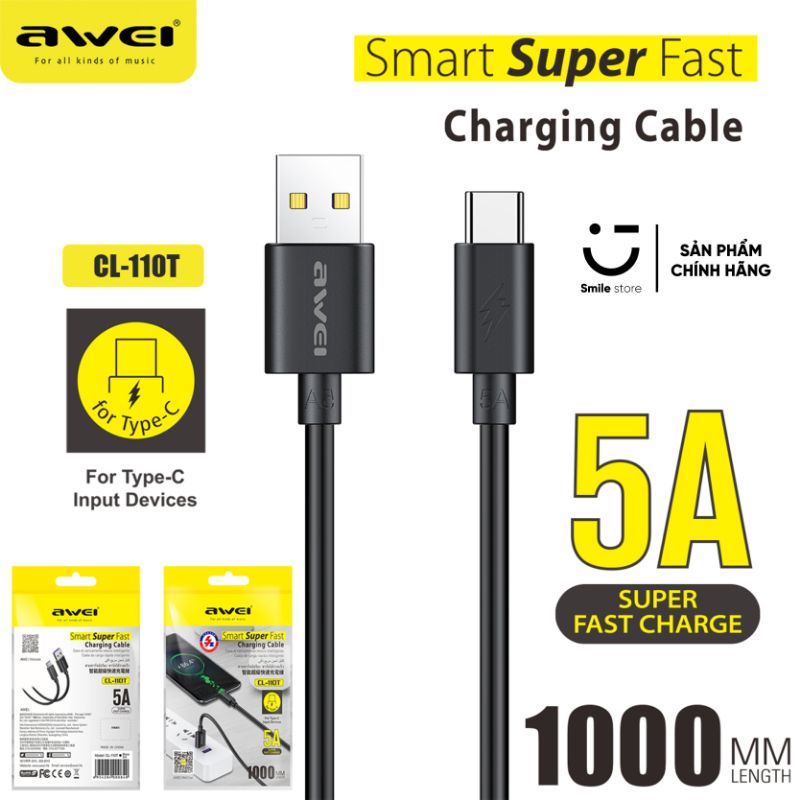 Dây Cáp Sạc Nhanh Type C AWEI CL-110T 5A Cho Xiaomi / Samsung / Oppo / Vsmart / Realme Và Thiết Bị Android Khác