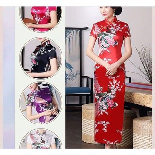ĐẦM SƯỜN XÁM DÁNG DÀI CỔ TÀU NỀN ĐỎ HỌA TIẾT CHIM CÔNG HOA SANG TRỌNG CÓ SIZE LỚN 6XL - HÀNG NHẬP KHẨU