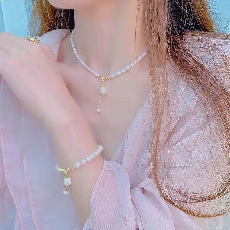 Bộ Vòng Cổ / Vòng Tay / Dây Chuyền Ngọc Trai Tự Nhiên Hoa Lily Cao Cấp Phong Cách Ba