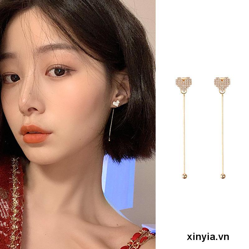 Khuyên tai dáng dài hình trái tim đính đá phối tua rua đơn giản cho nữ