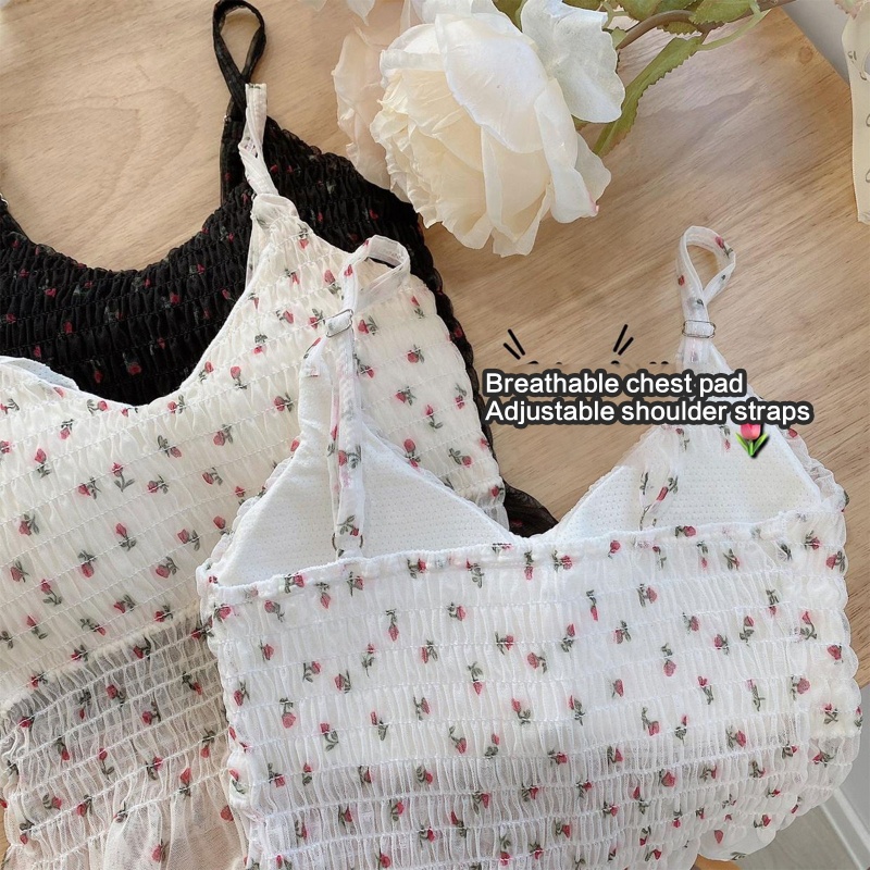 Brroa Áo Croptop Nhún Bèo Họa Tiết Hoa Phong Cách Pháp Thời Trang Cho Nữ