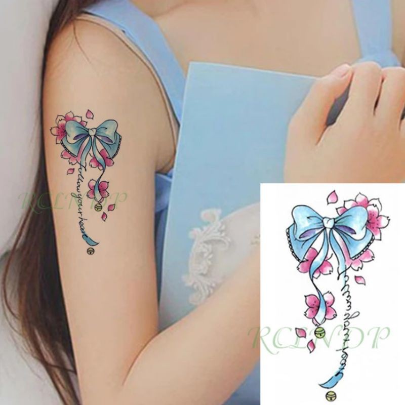 Hình xăm nơ xanh. Xăm dán tatoo mini tạm thời, size &lt;10x6cm