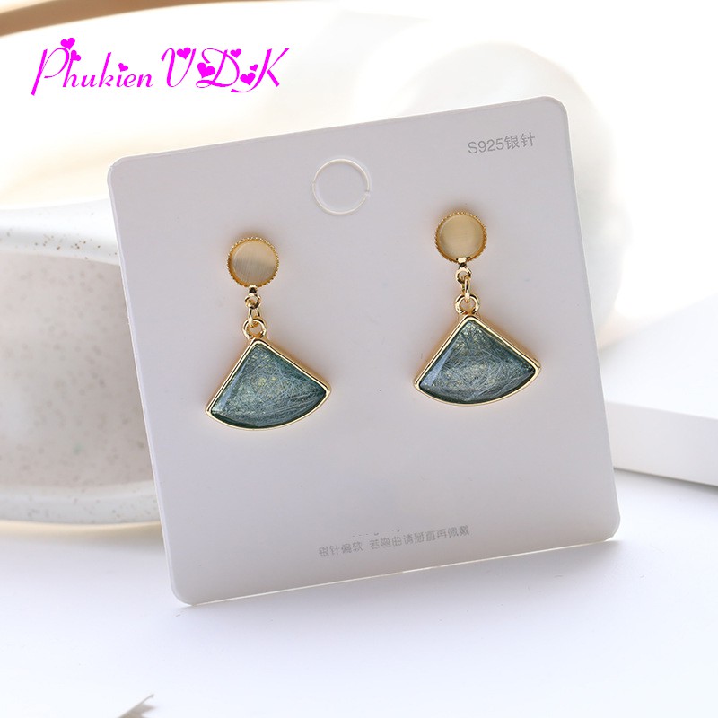 Bông tai hình quạt đính đá Opal xanh MS06