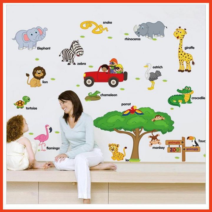 Decal vườn thú tiếng anh 3 ⚡FREE SHIP⚡ Tranh dán tường, hình vẽ sắc nét, sinh động, giúp bé học Tiếng anh dễ dàng