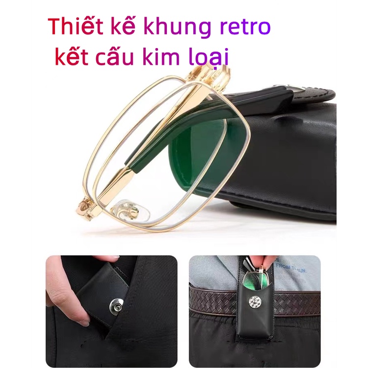 Gọng kính lão-viễn thị,thấu kính pha lê đọc sách unisex +1,2,3,4 độ thiết kế gấp gọn tặng kèm bao da và khăn lau cao cấp