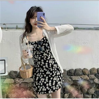 Set đầm 2 dây hoa cúc kèm áo khoác