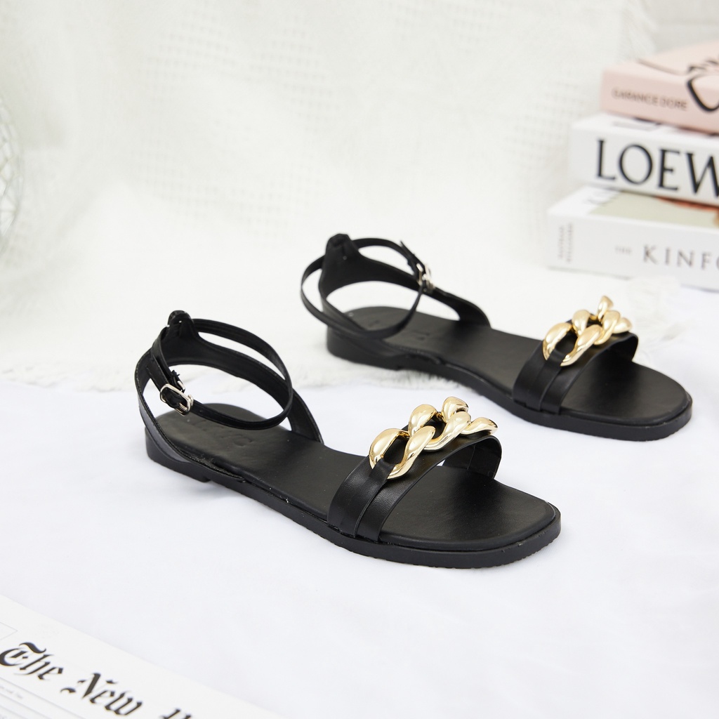 Giày Sandal Nữ thời trang MWC sandal đế thâp quai ngang màu đen kem siêu xinh NUSD- 2875