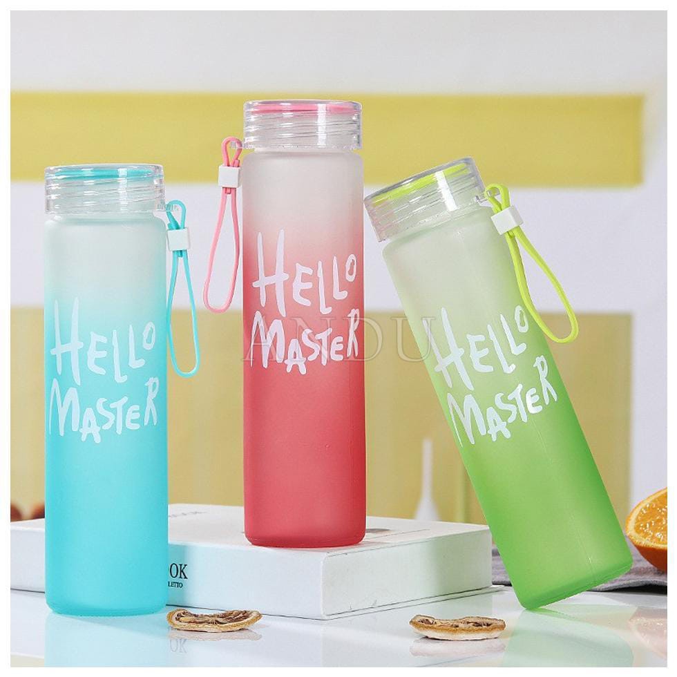 Bình Nước Thủy Tinh Hello Master, Chai Thủy Tinh Đựng Nước To 450ml Siêu Hot Có Dây Cầm