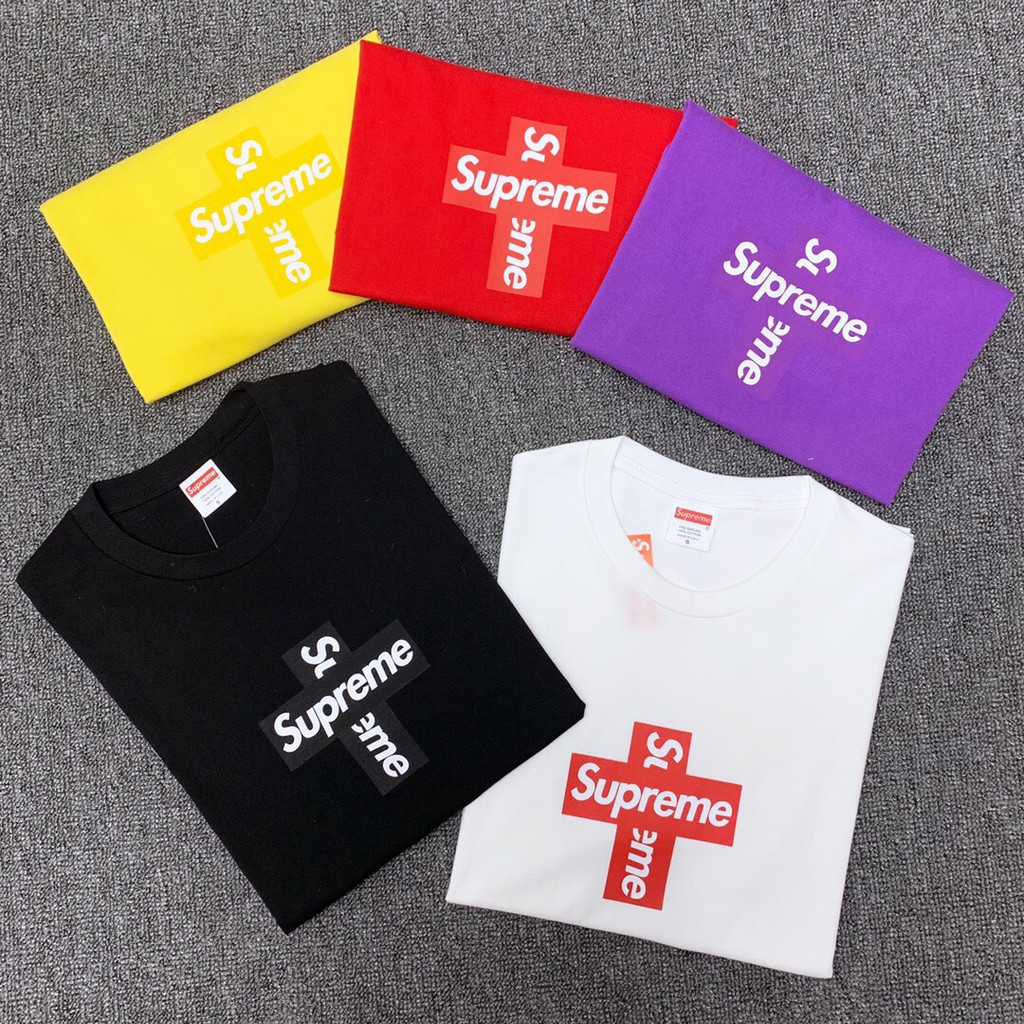 ™[BLACK FRIDAY]  - Áo tee Supreme black LOGO chéo full tag túi, áo tee supreme