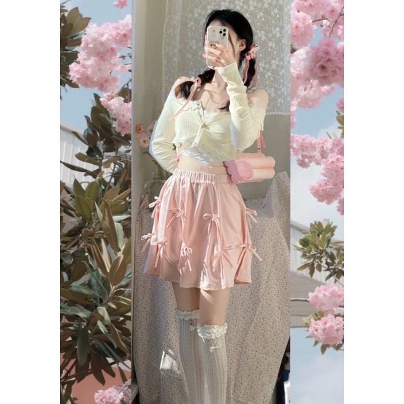 Set áo 2 dây croptop+áo cardigan tay dài + chân váy hồng đính nơ xinh xắn phong cách ulzzang Sam Sam Boutique