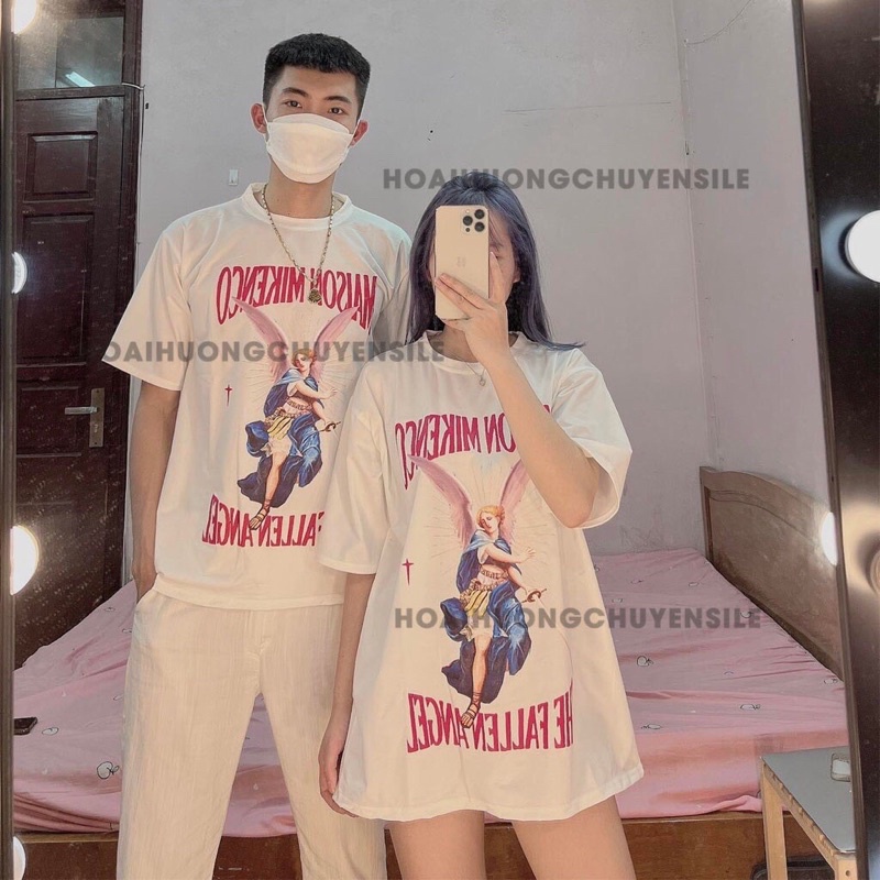Áo Thun Tay Lỡ Hình Thiên Thần Unisex Mặc Đôi Nhóm Kiểu Dáng Trẻ Trung- Áo Phông Rộng Cổ Tròn Freesize