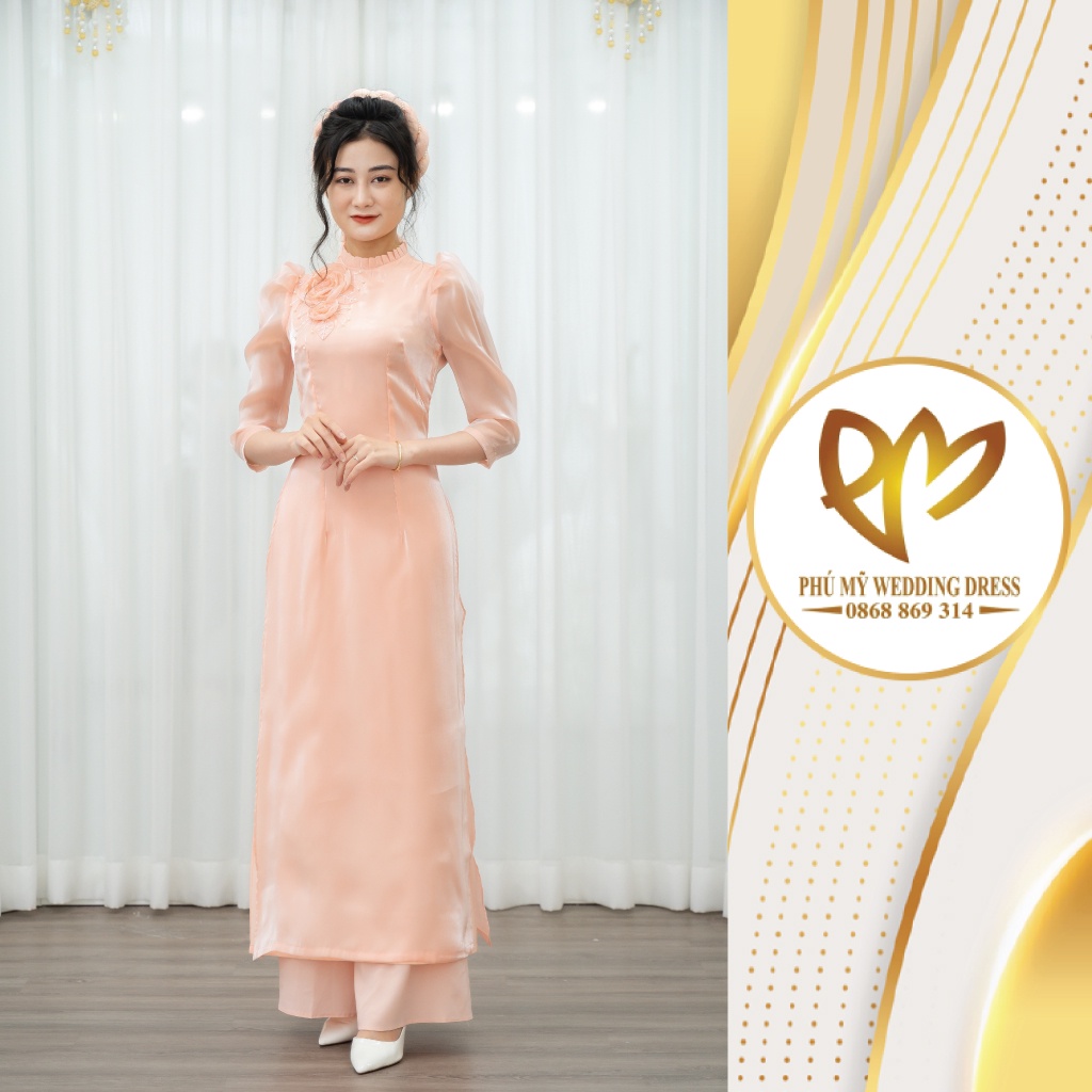 Áo dài truyền thống voan tơ tay lỡ màu hồng đính hoa và hạt trai