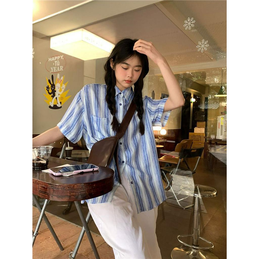 Lalisas Áo Sơ Mi Tay Ngắn Dáng Rộng Cổ polo Nhuộm Màu Nhuộm Phong Cách Hàn Quốc Thời Trang Cho Nữ